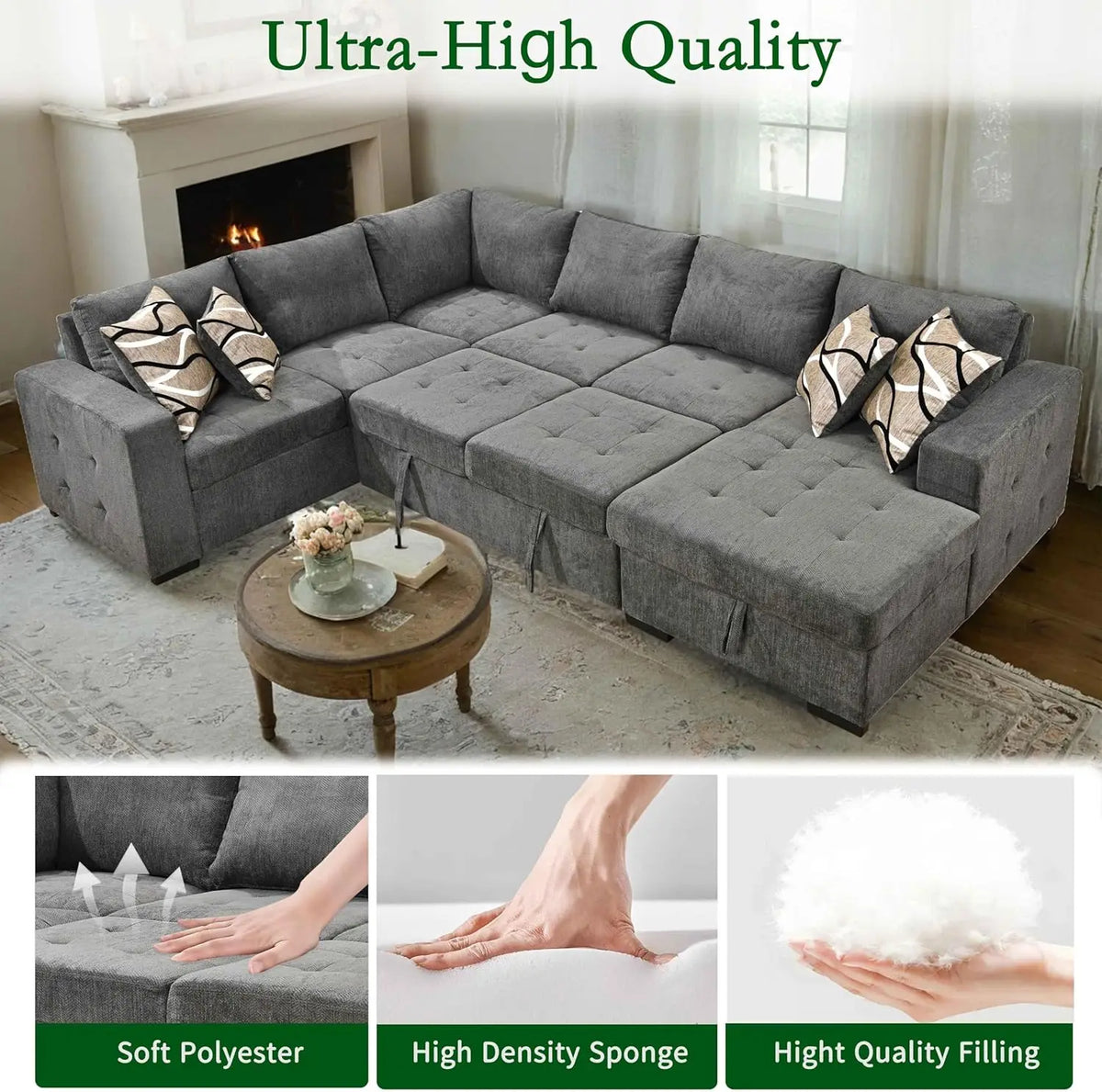 Sectional Sleeper Sofa Couch with Pull Out Bed and Storage Chaise, U Shape Sectionals Sofas, Oversized Sectionals Couches