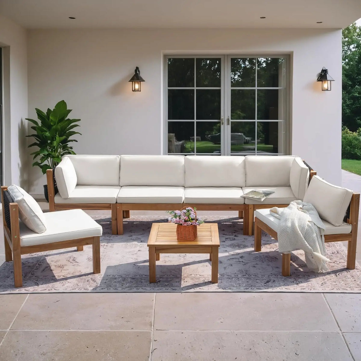 7 Piece Outdoor Acacia Wood Sectional Sofa Set Cushioned Conversation Furniture for Garden Backyard Poolside, Customized