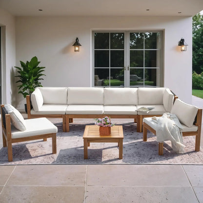 7 Piece Outdoor Acacia Wood Sectional Sofa Set Cushioned Conversation Furniture for Garden Backyard Poolside, Customized