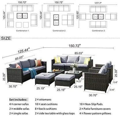 Garden furniture 12 pieces rattan combination sofa set with thick cushions