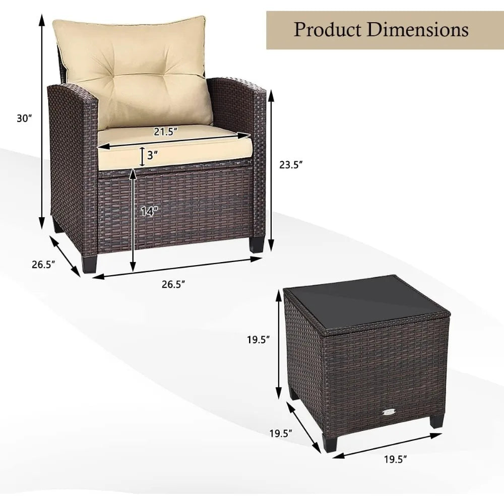 3 Piece Patio Furniture Set, Outdoor Conversation Set with Washable Cushions & Tempered Glass Tabletop, PE Rattan Wicker Bistro