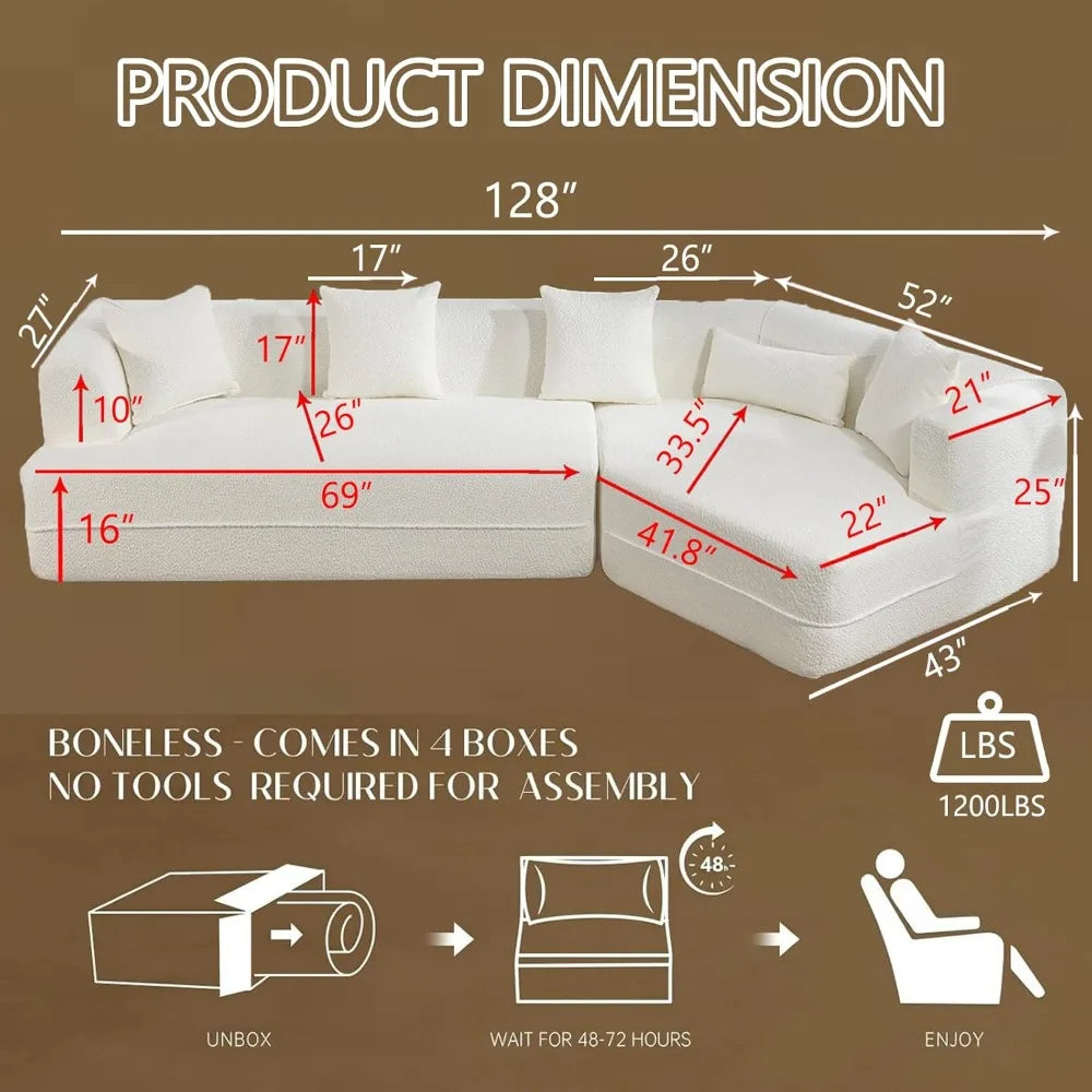128 Cloud Sectional Couch, Upholstered Couches for Living Room Bedroom, Modern Boneless Modular Sofa with Deep Seat