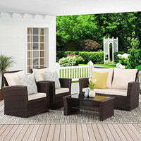 4 Piece Patio Furniture Set, Wicker Outdoor Patios Conversation Furniture Set, Outdoor Patio Sofa with Cushion and Glass Table