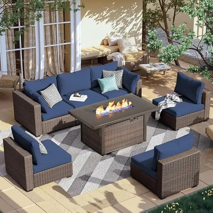 7 Piece Patio Furniture Set with  Fire Pit Table Outdoor Sectional Conversation Sofa Set with Coffee Table