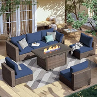 7 Piece Patio Furniture Set with  Fire Pit Table Outdoor Sectional Conversation Sofa Set with Coffee Table