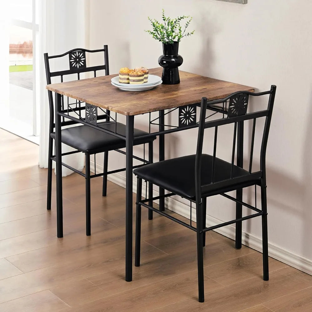 Compact 3-Piece Dining Table Set for Two with PU Chairs, Easy Assembly, Brown
