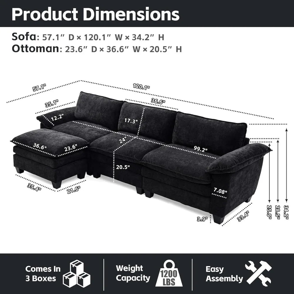 Sofa Comfy Cloud Couch, L Shaped 3 Deep Seat Sofa Couch with Ottoman
