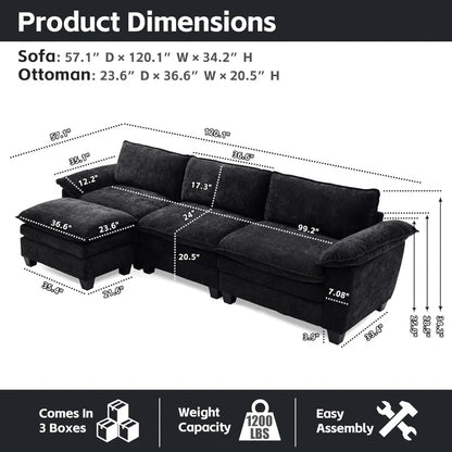 Sofa Comfy Cloud Couch, L Shaped 3 Deep Seat Sofa Couch with Ottoman