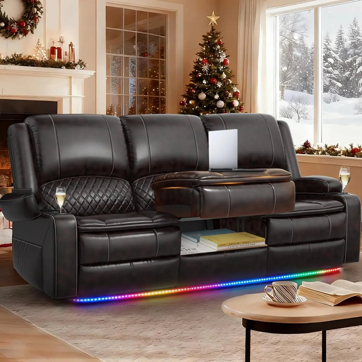 3 Seat Recliner Sofa with Console, Armrest, PU Leather, Cup Holders, USB Ports, Living Room/RV, Customized