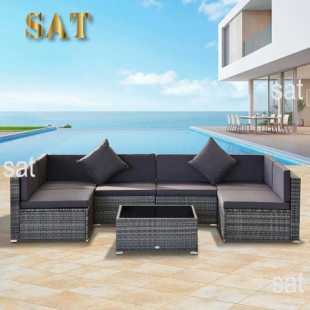 # l 7-piece outdoor furniture set, wicker dialogue set, all-weather rattan combination set, with cushion and tempered glass tabl