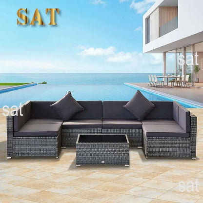 # l 7-piece outdoor furniture set, wicker dialogue set, all-weather rattan combination set, with cushion and tempered glass tabl