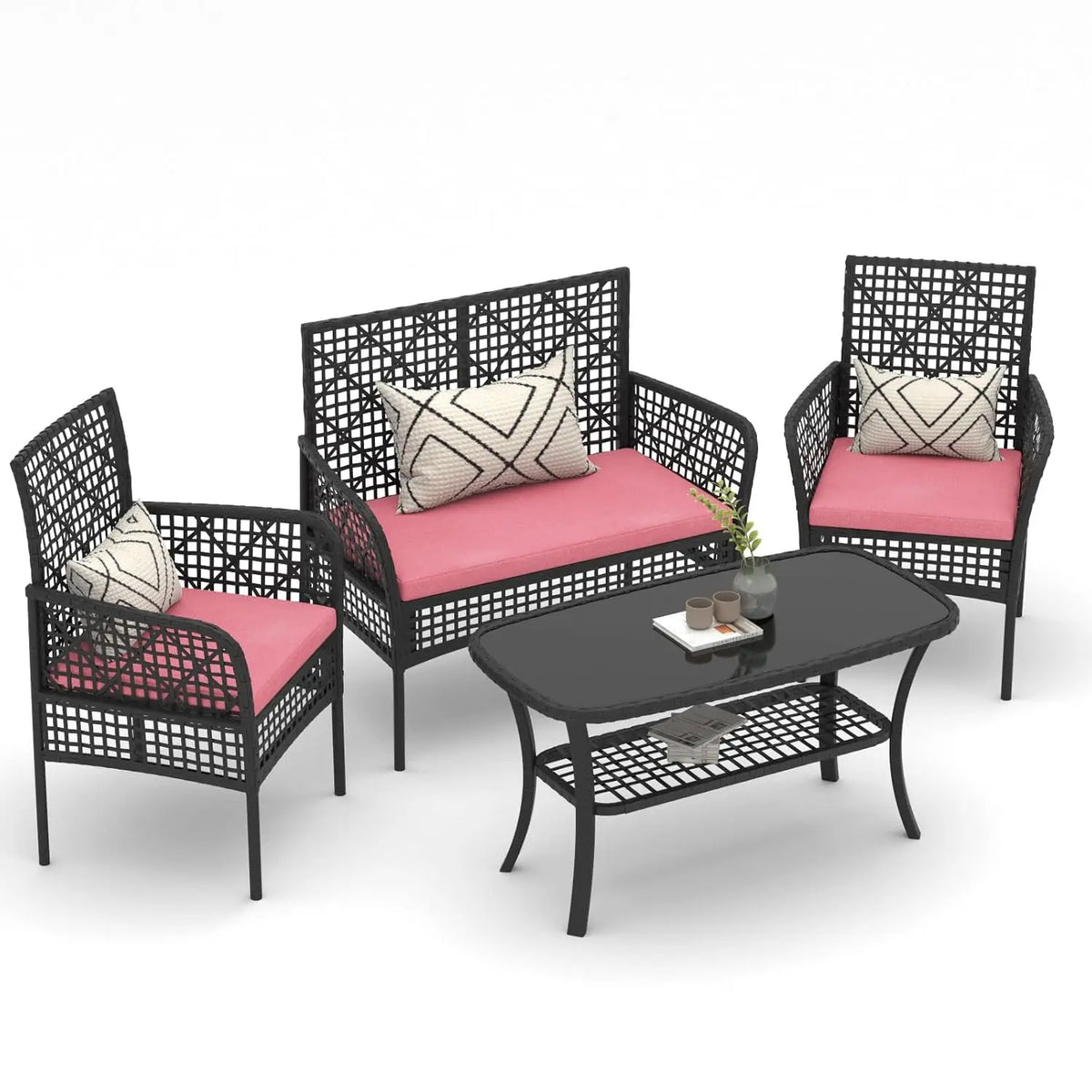 7-Piece Patio Furniture Set, Outdoor Couch with Dining Table & Ottomans, PE Rattan Sofa Set with Cushions for Deck, Yard, Poolsi