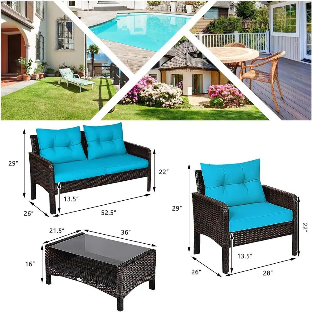 4-Piece Outdoor Wicker Patio Furniture Set with Coffee Table, Cushioned Sectional Sofa, Ideal for Garden and Poolside