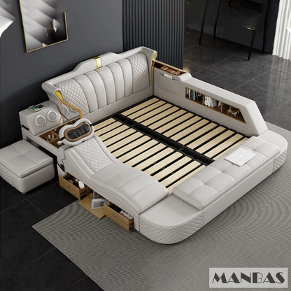 Tech Smart Bed 2 People with King Size Bed Frame Queen, Genuine Leather, Massage, USB, Bluetooth Speaker, and Safe By MINGDIBAO