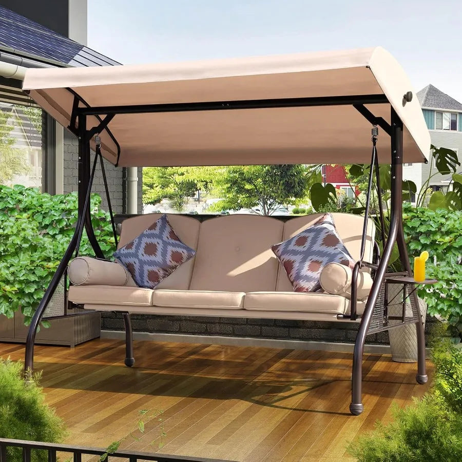 Patio Porch Swing 3Seat Outdoor Swing with Adjustable Canopy Waterproof Fabric Cushion Pillow and Foldable Side Tray for Patio