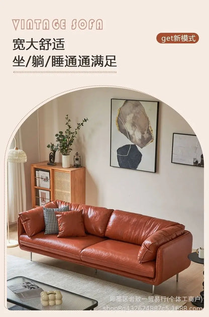 Retro oil wax leather living room sofa Modern simple small apartment sofa