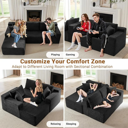 97" Modular Sectional Sofa L-Shape Chaise Deep Seat Corduroy Foam Living Room Left Facing No Assembly Black, Custom