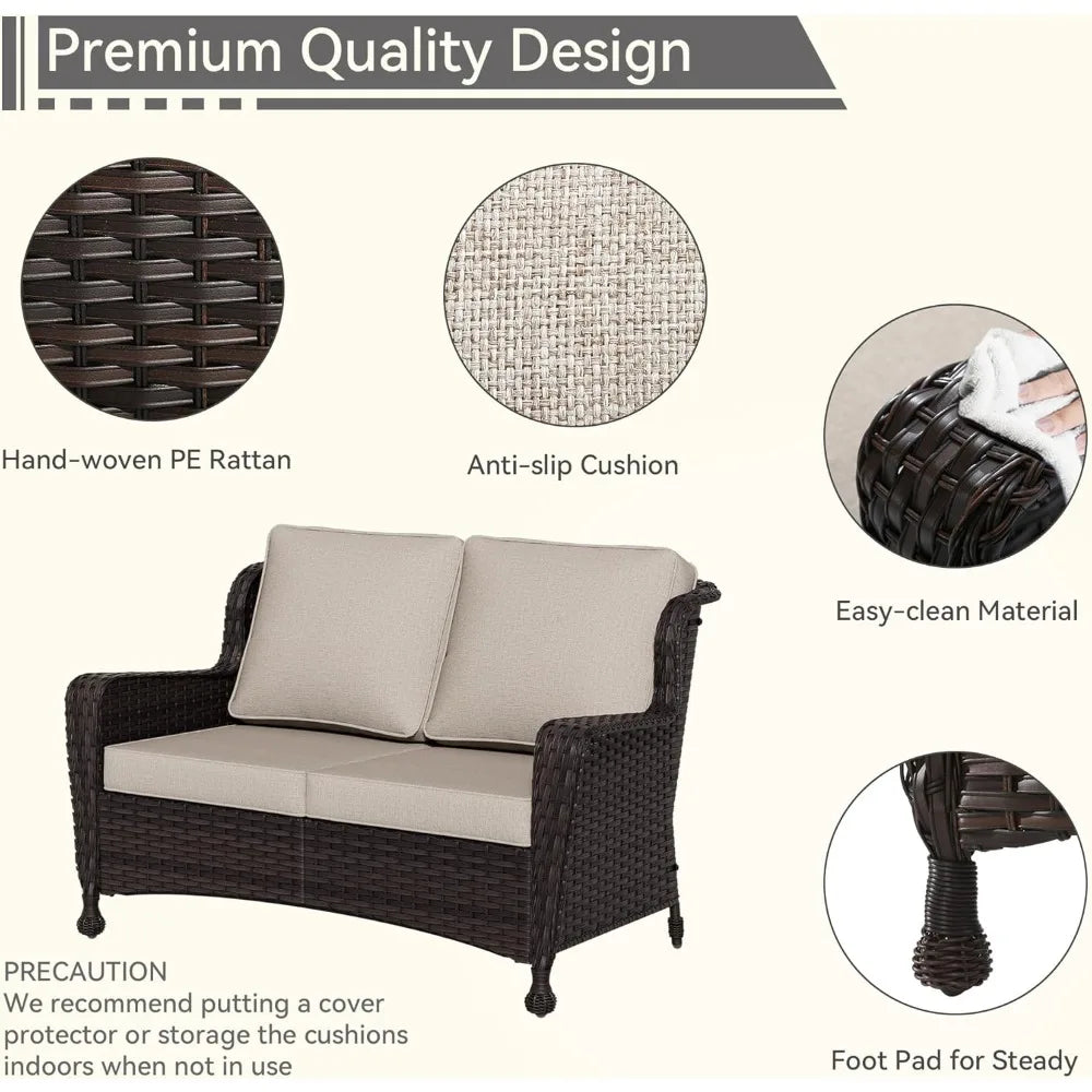 Outdoor Wicker Loveseat with Cushioned Seats, Weather-Resistant, High Back and Wide Armrests for Patio and Balcony