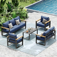 Aluminum Outdoor Patio Furniture Set, 5-Piece Sectional Conversation Set with 6″ Thick Cushions & Coffee Table for Porch, Balcon