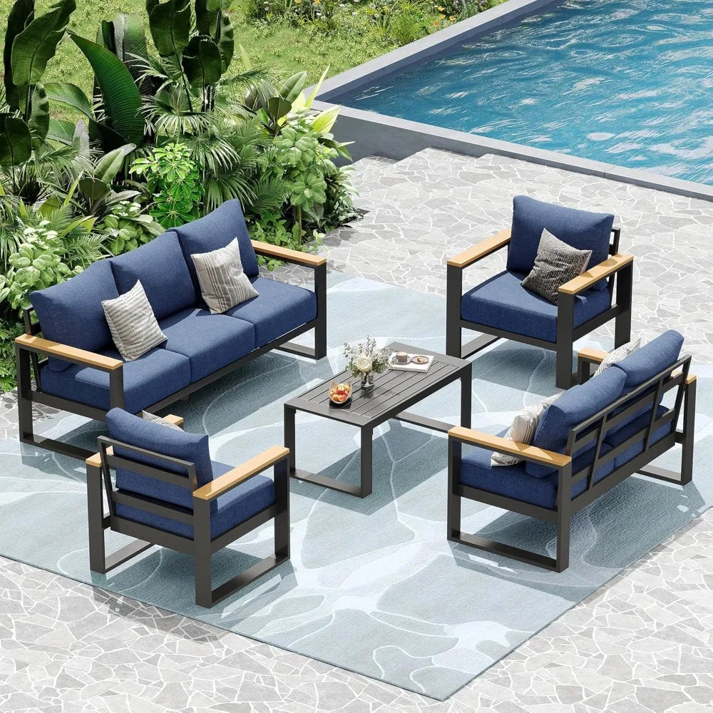 Aluminum Outdoor Patio Furniture Set, 5-Piece Sectional Conversation Set with 6″ Thick Cushions & Coffee Table for Porch, Balcon