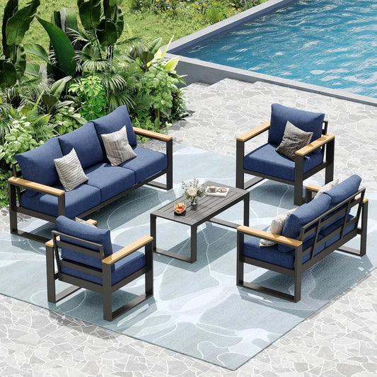 Aluminum Outdoor Patio Furniture Set, 5-Piece Sectional Conversation Set with 6″ Thick Cushions & Coffee Table for Porch, Balcon