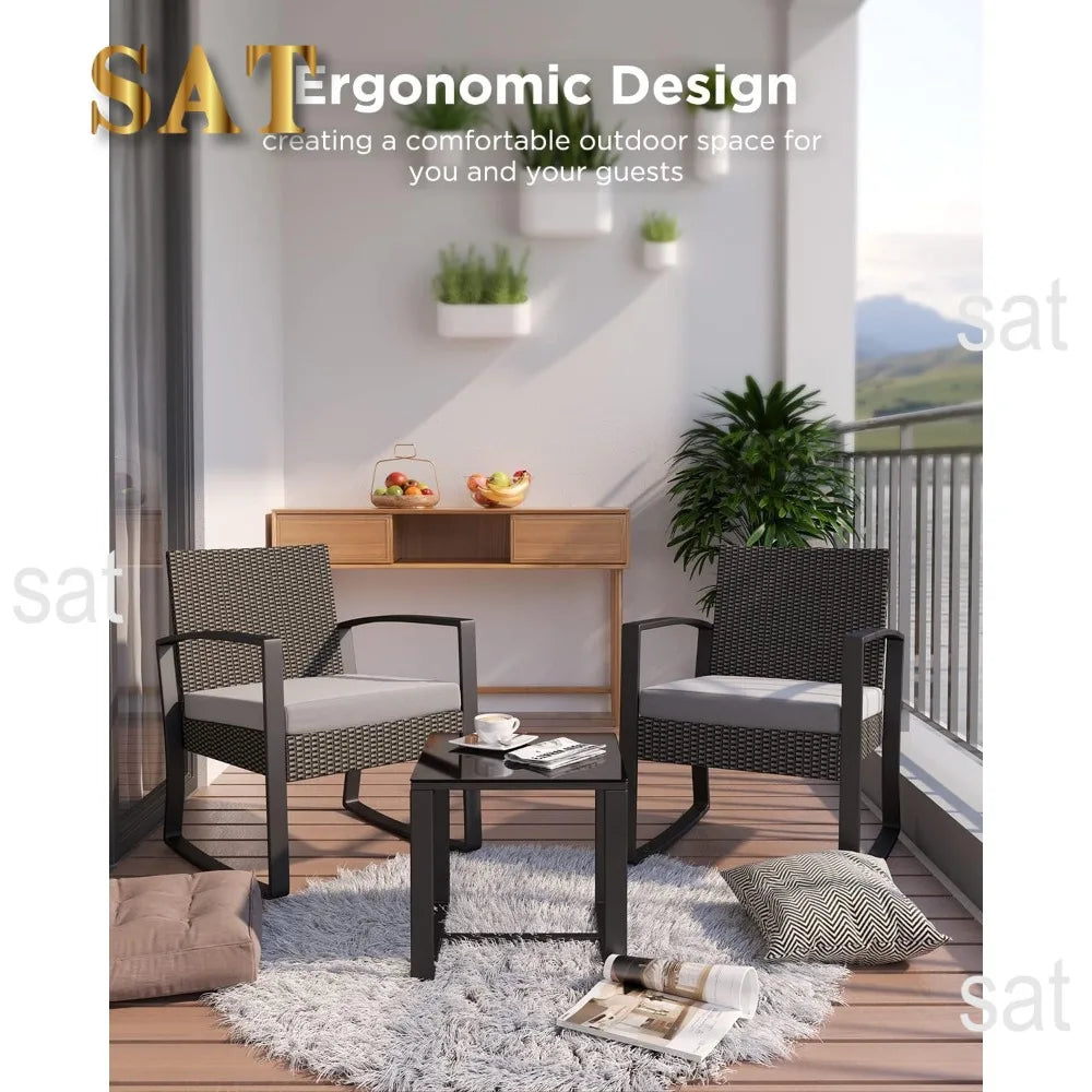 %a Patio Furniture Set Rocking Bistro Set Outdoor Rattan Conversation with Coffee Table for Garden Balcony Backyard