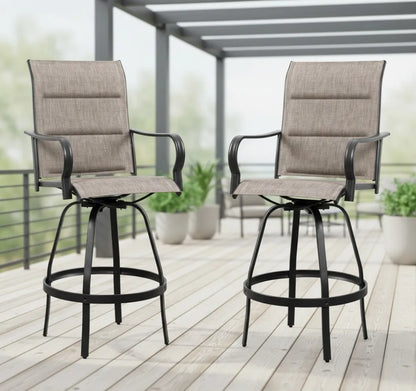 2-Piece Outdoor Swivel Bar Chairs, All-Weather Padded Sling Stools for Garden Patio Balcony, Gray