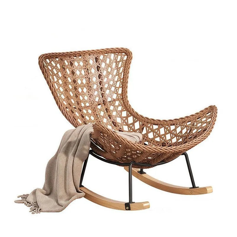 Woven Rattan Rocking Chair with Metal & Wood Base Stylish & Comfortable Seating for Living Room & Balcony Decor