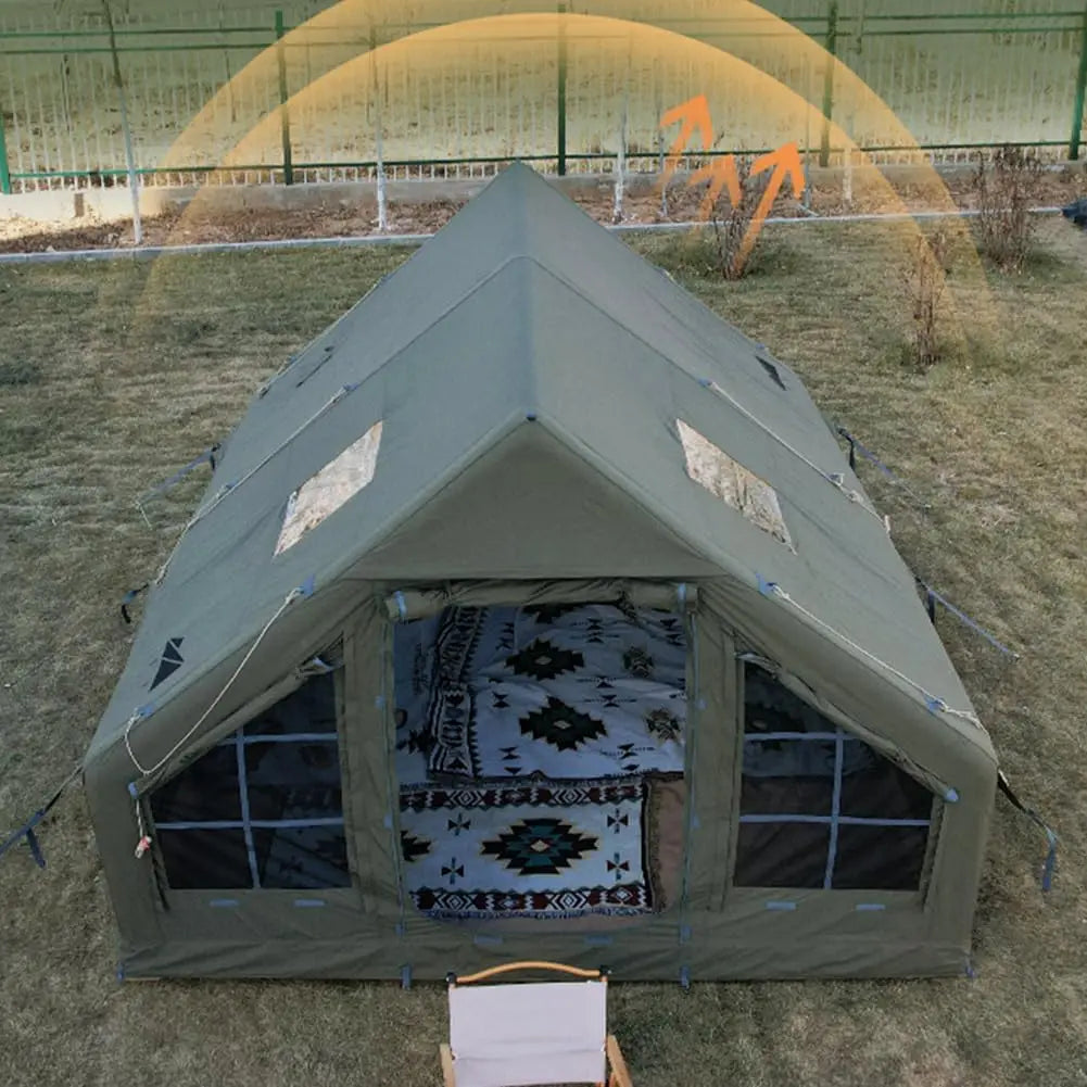 129 SqFT Inflatable Tent ,8-10 Person Blow Up Tent with Stove Jack Hole,4 Season Waterproof Camping Tent Large Pop-Up Tents