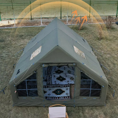 129 SqFT Inflatable Tent ,8-10 Person Blow Up Tent with Stove Jack Hole,4 Season Waterproof Camping Tent Large Pop-Up Tents