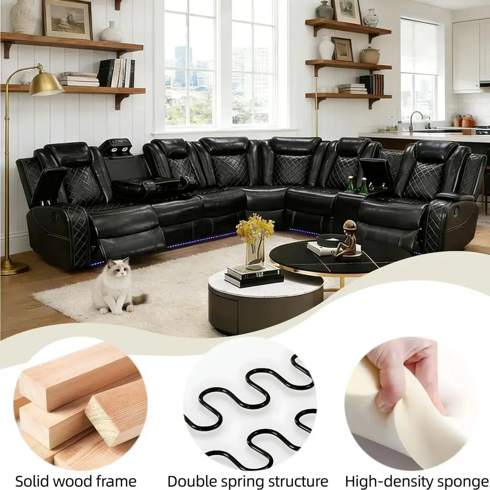 Breathing Leather Reclining Soa Set,Power Recliner Sectional Couch with LED Light,ern Living Room urniture Set,Reclining Section
