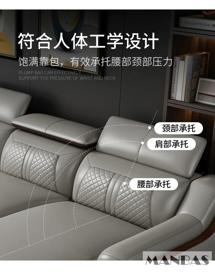 Modern Italian Genuine Leather Sofa for Living Room with Cup Holder, USB, Adjustable Headrests & Bluetooth Speaker - Linlamlim