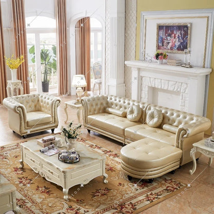 Modern Home Furniture Genuine Leather L-Shaped Sectional Corner Sofa Set Wood Legs with Sponge Filling for Living Room Villa