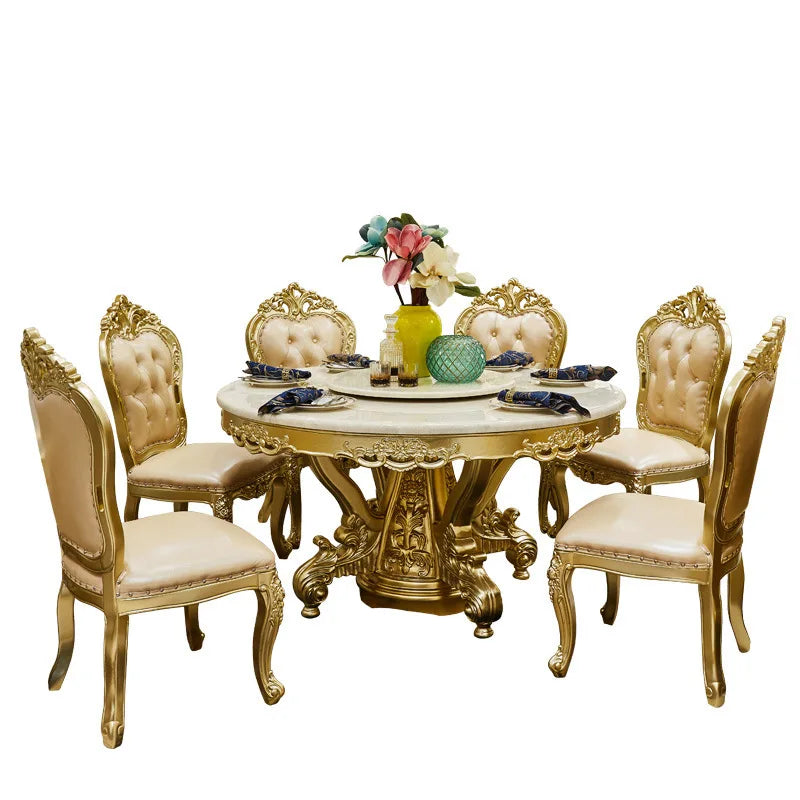 European round dining table and chair combination full solid wood carving flower dining table French marble round dining table