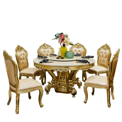 European round dining table and chair combination full solid wood carving flower dining table French marble round dining table