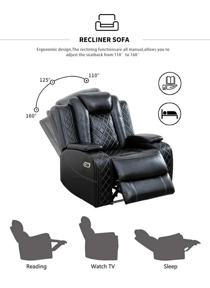 Power Reclining Sofa Couch with Wireless Charger 3 Seaters Recliner  Reading Light Leather Bluetooth Speaker Theater Seating LED