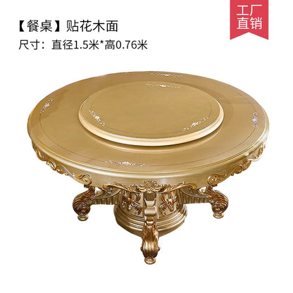 European dining table and chair combination glass surface classical luxury solid wood carving flower round table with turntable