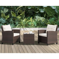 3 Pieces Patio Furniture Set 3 Pieces PE Rattan Wicker Chairs with Table Outdoor Furniture Brown Rattan with White Cushion