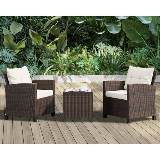 3 Pieces Patio Furniture Set 3 Pieces PE Rattan Wicker Chairs with Table Outdoor Furniture Brown Rattan with White Cushion