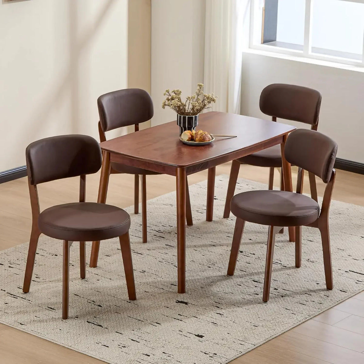 Oak Wooden Dining Chairs Set of 4, Mid-Century Modern Linen Upholstered Kitchen Chair with Solid Wood