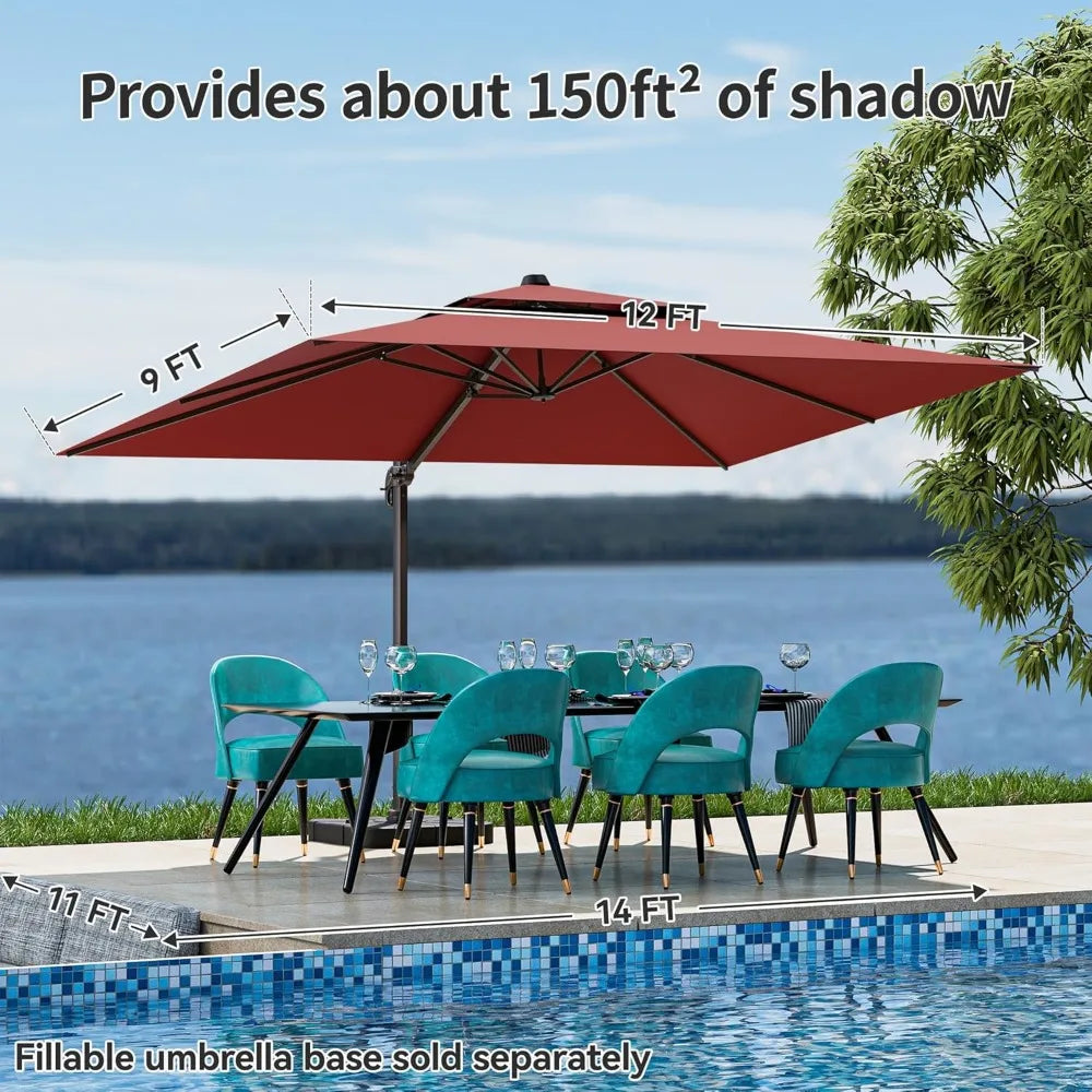 9x12FT Cantilever Patio Umbrella - Heavy Duty Double Layer Offset Design with 360° Rotation, Large Rectangle Sun Shade Umbrella