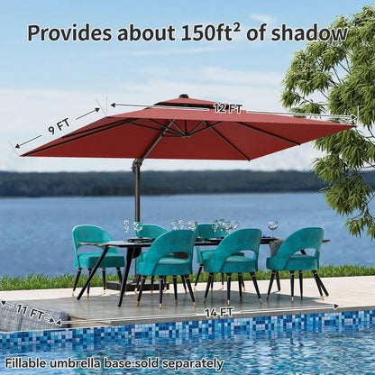9x12FT Cantilever Patio Umbrella - Heavy Duty Double Layer Offset Design with 360° Rotation, Large Rectangle Sun Shade Umbrella
