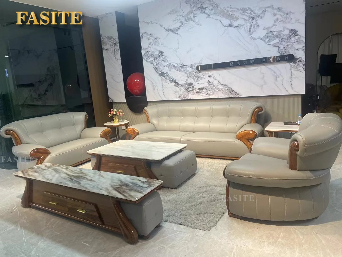 Ebony leather sofa modern light luxury high-end living room villa first layer cowhide solid wood new Chinese-style small