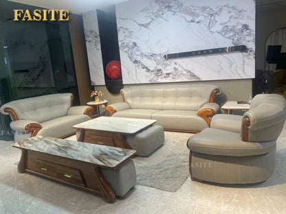 Ebony leather sofa modern light luxury high-end living room villa first layer cowhide solid wood new Chinese-style small