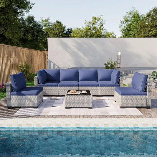 7 Piece Garden Furniture Set, Outdoor with Thick Cushions, Modular Rattan Garden Sofa, Anti-Rust Frame, Garden Furniture Set