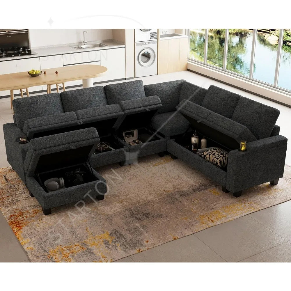Sofa Convertible L Shaped Corner Couches for Living Room with Storage Armrest with Cup Holder Dark G