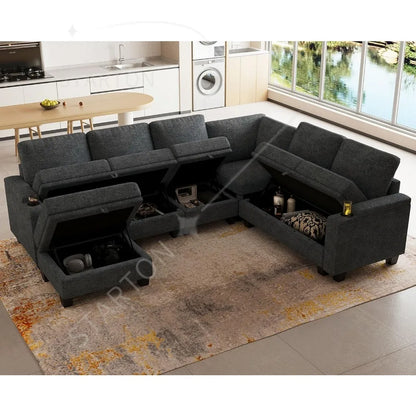 Sofa Convertible L Shaped Corner Couches for Living Room with Storage Armrest with Cup Holder Dark G
