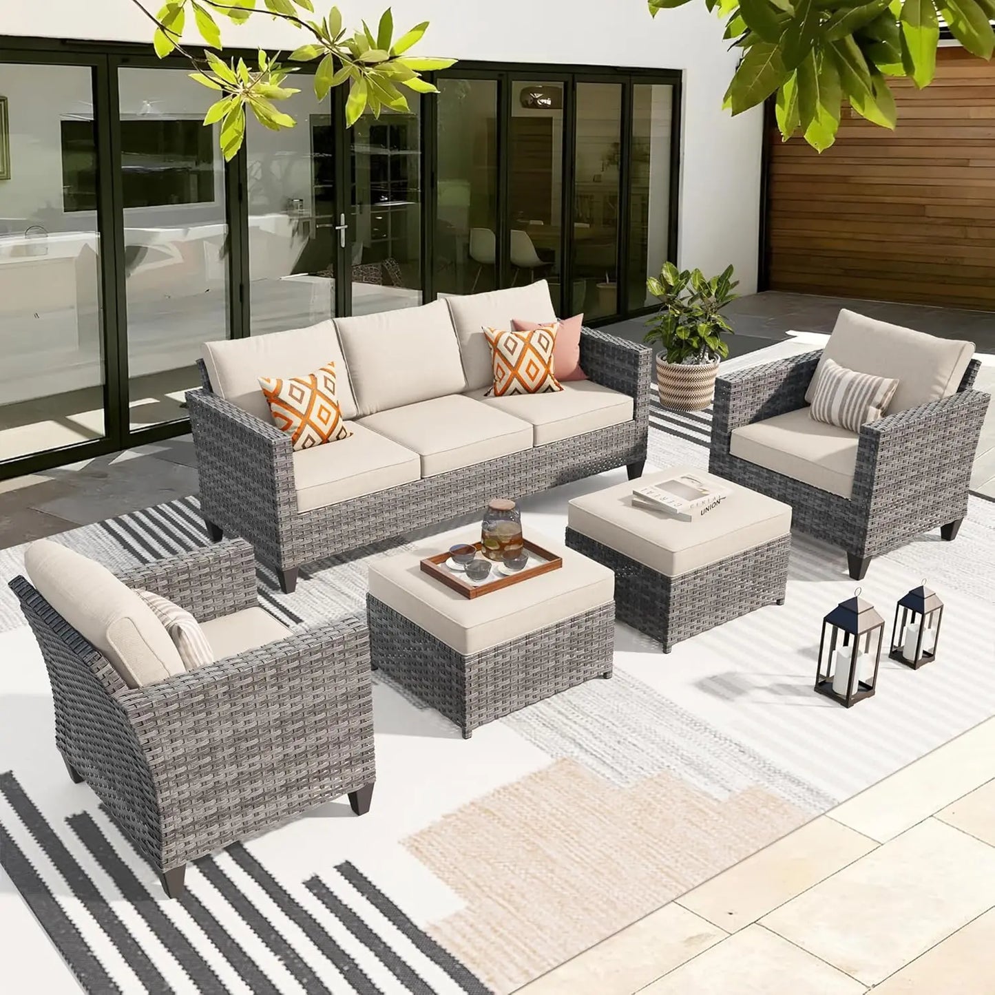 Patio Furniture Set, 5 Pieces Outdoor Wicker Sofa Couch with Chairs, Ottomans and Comfy Cushions, All Weather High
