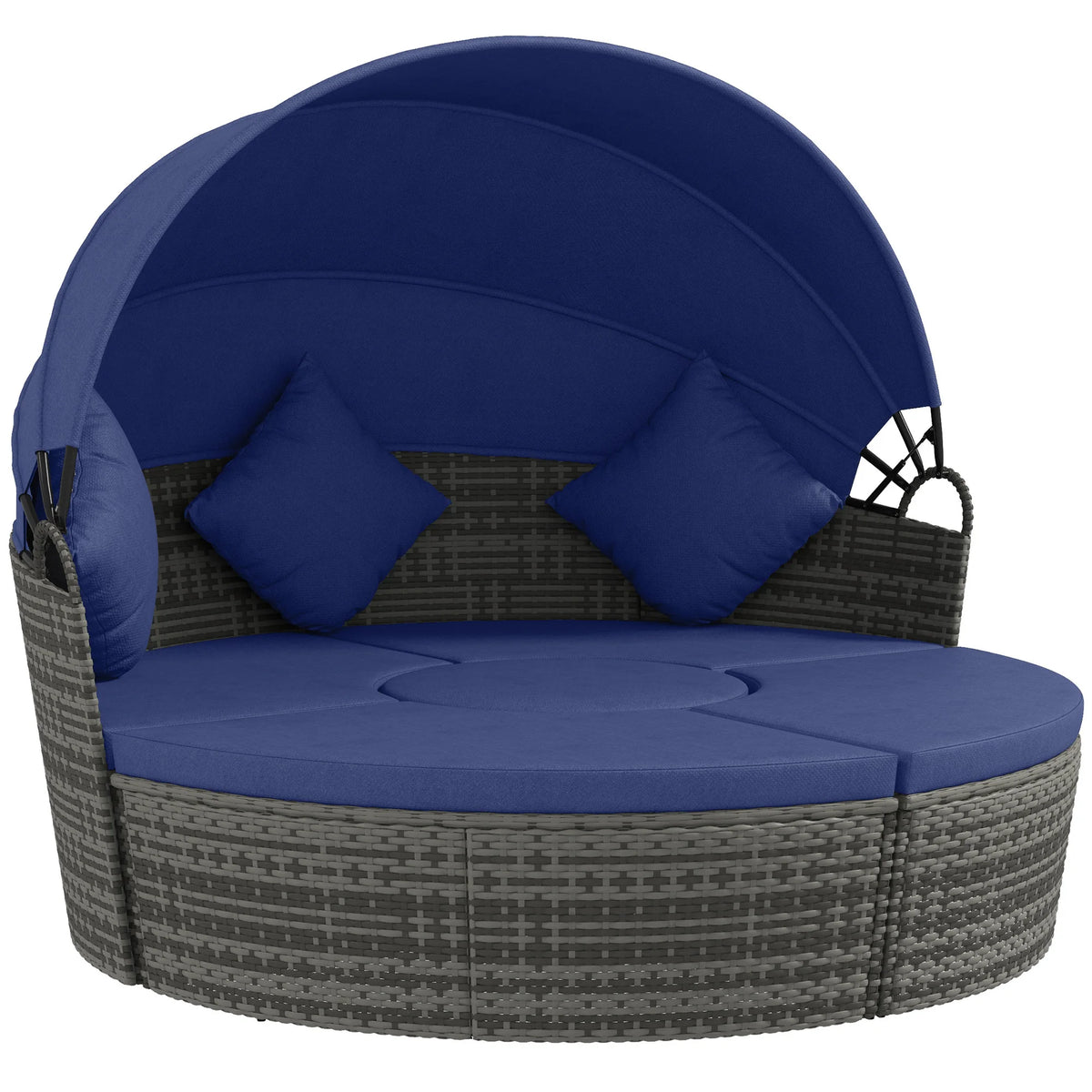 4 Piece Round Rattan Daybed, Convertible Patio Furniture Set, Adjustable Sun Canopy, Sectional Outdoor Sofa, 2 Chairs