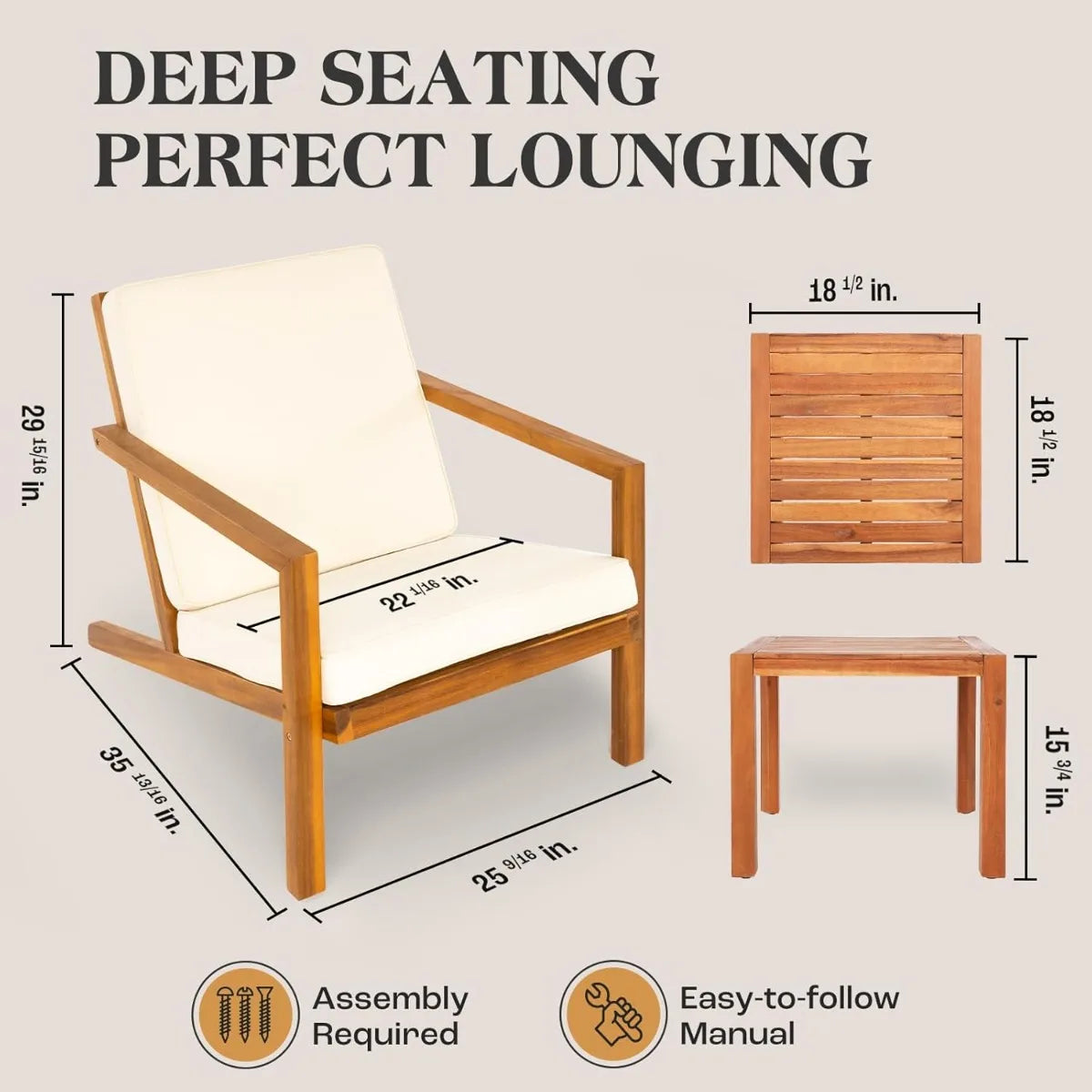 3-Pc Patio Set - Ergonomic Chairs (400lbs Capacity) w/ Waterproof Cushions + Wood Table